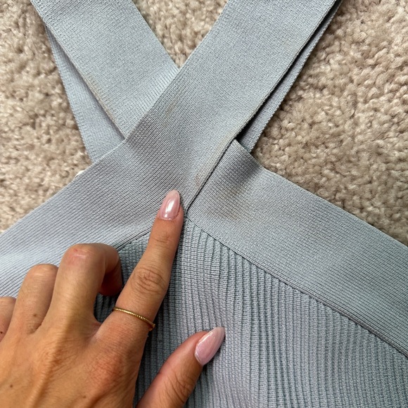 Aritzia Babaton Daze Grey Sculpt Knit Ribbed Criss Cross Halter Mini Dress - Picture 3 of 8